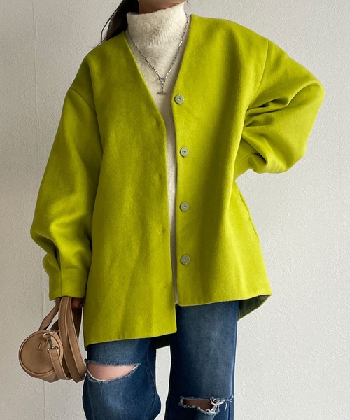 w closet（ダブルクローゼット）の「【新色追加】Vネックショートコート（ノーカラージャケット・レディース・ミント/モカ/キナリ/ライム・FREE）」の19枚目の写真