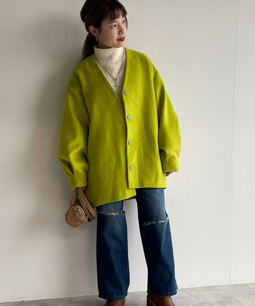 w closet（ダブルクローゼット）の「【新色追加】Vネックショートコート（ノーカラージャケット・レディース・ミント/モカ/キナリ/ライム・FREE）」の18枚目の写真
