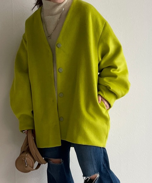 w closet（ダブルクローゼット）の「【新色追加】Vネックショートコート（ノーカラージャケット・レディース・ミント/モカ/キナリ/ライム・FREE）」の17枚目の写真