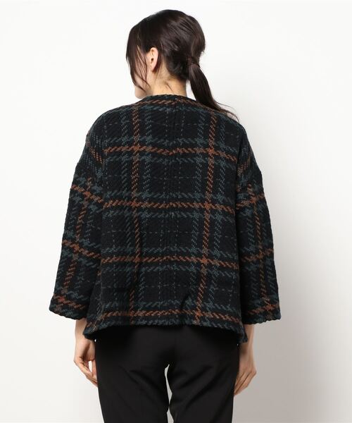 John branigan(ジョンブラニガン)の「【JOHN BRANIGAN】チェックショートコート(ノーカラーコート・レディース・ブラウン/ブラック・FREE)」の4枚目の写真