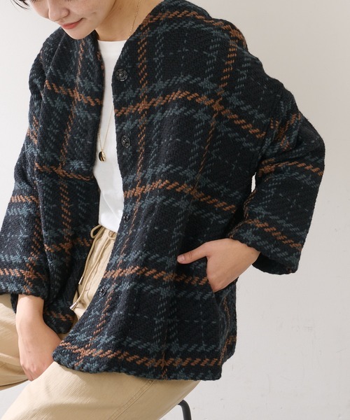 John branigan(ジョンブラニガン)の「【JOHN BRANIGAN】チェックショートコート(ノーカラーコート・レディース・ブラウン/ブラック・FREE)」の16枚目の写真