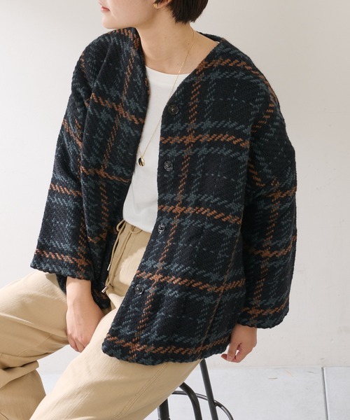 John branigan(ジョンブラニガン)の「【JOHN BRANIGAN】チェックショートコート(ノーカラーコート・レディース・ブラウン/ブラック・FREE)」の15枚目の写真