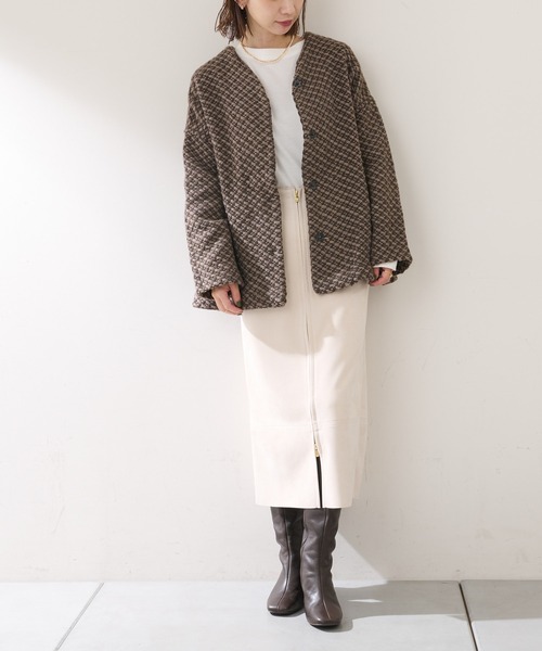 John branigan(ジョンブラニガン)の「【JOHN BRANIGAN】チェックショートコート(ノーカラーコート・レディース・ブラウン/ブラック・FREE)」の14枚目の写真