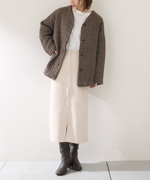 John branigan(ジョンブラニガン)の「【JOHN BRANIGAN】チェックショートコート(ノーカラーコート・レディース・ブラウン/ブラック・FREE)」の13枚目の写真
