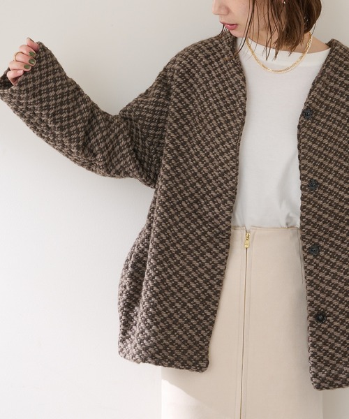 John branigan(ジョンブラニガン)の「【JOHN BRANIGAN】チェックショートコート(ノーカラーコート・レディース・ブラウン/ブラック・FREE)」の8枚目の写真