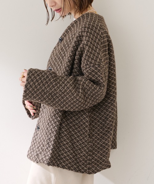 John branigan(ジョンブラニガン)の「【JOHN BRANIGAN】チェックショートコート(ノーカラーコート・レディース・ブラウン/ブラック・FREE)」の7枚目の写真