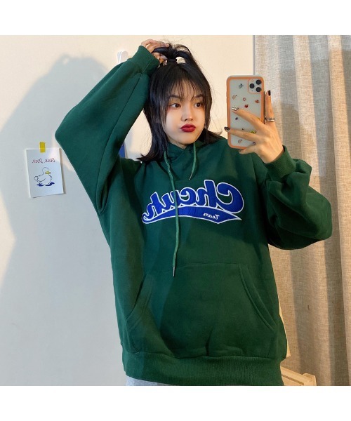 VIBGYOR Women（ヴィブジョー　ウィメン）の「【KOREA SELECT】ロゴフーディー（パーカー・レディース・グレー/グリーン・FREE）」の3枚目の写真