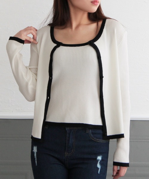 Julia Boutique(ジュリアブティック)の「2点セット・配色パイピングニットアンサンブル/22056(アンサンブル・レディース・ホワイト/ブラック/ピンク/アイボリー・ONE)」の2枚目の写真