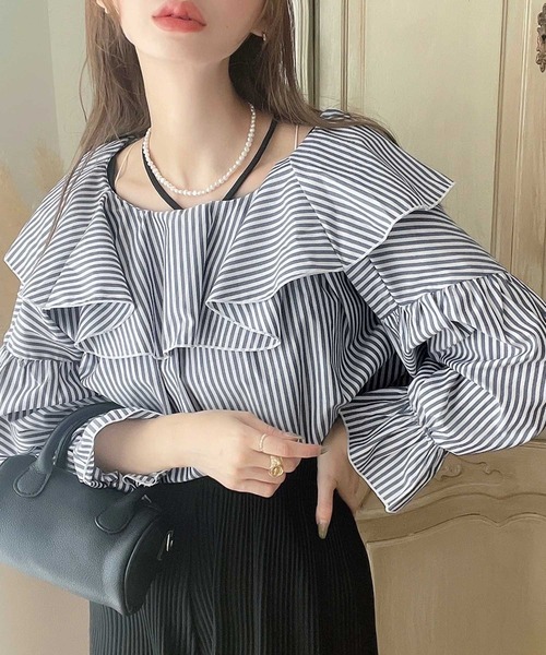 【高価値】 セール】1点投入。ラッフルBigカラーストライプ&ドットシャツ ネックレス・ペンダント