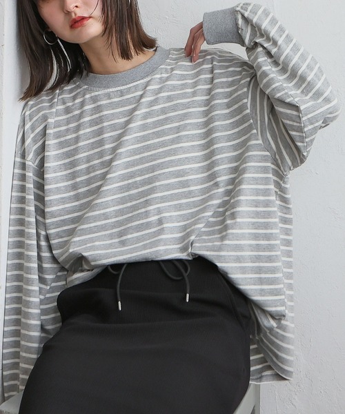 VitaFelice(ヴィータフェリーチェ)の「ボーダー長袖ベーシックロンT 春服(Tシャツ/カットソー・レディース・ブラック/ブルー/キャメル/ホワイト/グレー・FREE)」の3枚目の写真