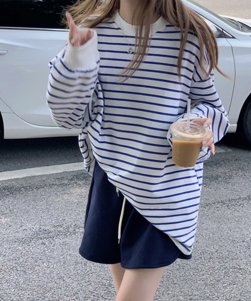 VitaFelice(ヴィータフェリーチェ)の「ボーダー長袖ベーシックロンT 春服(Tシャツ/カットソー・レディース・ブラック/ブルー/キャメル/ホワイト/グレー・FREE)」の11枚目の写真