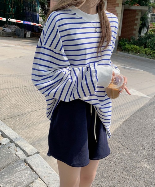 VitaFelice(ヴィータフェリーチェ)の「ボーダー長袖ベーシックロンT 春服(Tシャツ/カットソー・レディース・ブラック/ブルー/キャメル/ホワイト/グレー・FREE)」の13枚目の写真