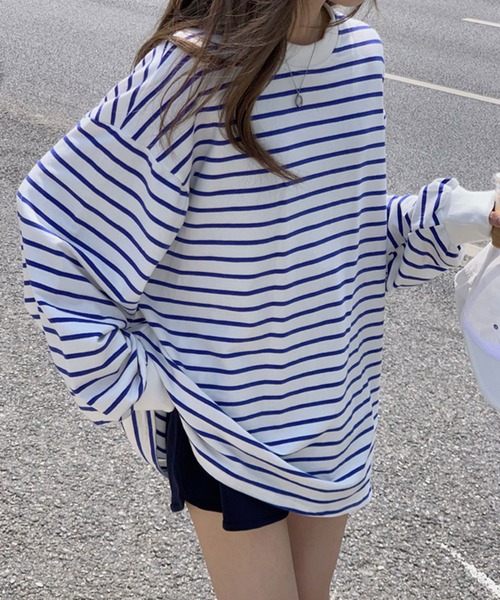VitaFelice(ヴィータフェリーチェ)の「ボーダー長袖ベーシックロンT 春服(Tシャツ/カットソー・レディース・ブラック/ブルー/キャメル/ホワイト/グレー・FREE)」の12枚目の写真