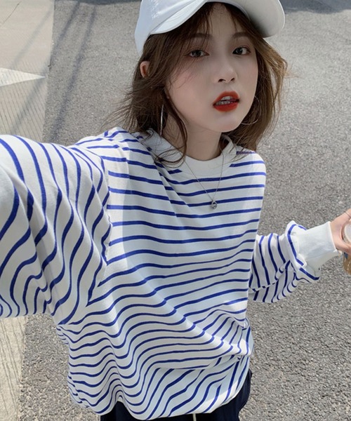 VitaFelice(ヴィータフェリーチェ)の「ボーダー長袖ベーシックロンT 春服(Tシャツ/カットソー・レディース・ブラック/ブルー/キャメル/ホワイト/グレー・FREE)」の8枚目の写真