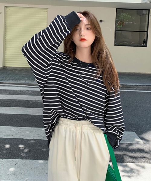 VitaFelice(ヴィータフェリーチェ)の「ボーダー長袖ベーシックロンT 春服(Tシャツ/カットソー・レディース・ブラック/ブルー/キャメル/ホワイト/グレー・FREE)」の20枚目の写真