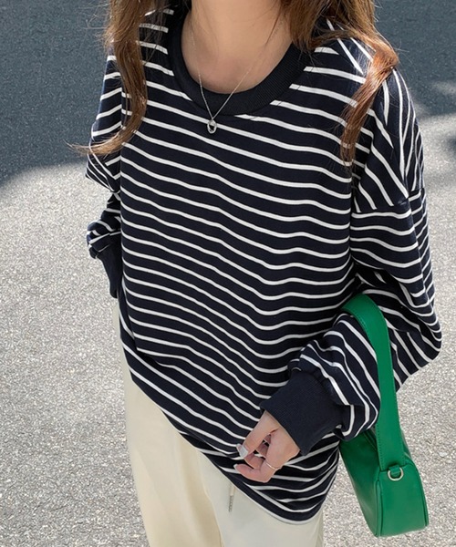 VitaFelice(ヴィータフェリーチェ)の「ボーダー長袖ベーシックロンT 春服(Tシャツ/カットソー・レディース・ブラック/ブルー/キャメル/ホワイト/グレー・FREE)」の19枚目の写真