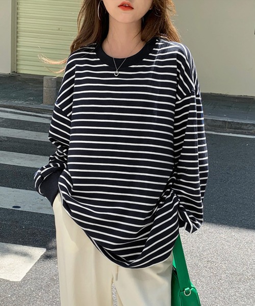 VitaFelice(ヴィータフェリーチェ)の「ボーダー長袖ベーシックロンT 春服(Tシャツ/カットソー・レディース・ブラック/ブルー/キャメル/ホワイト/グレー・FREE)」の17枚目の写真