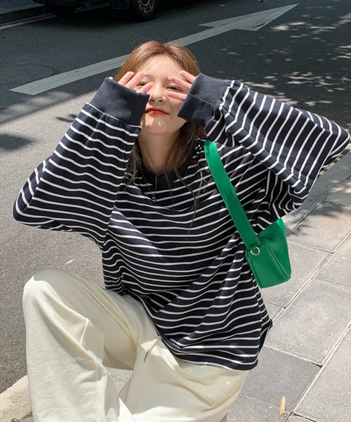 VitaFelice(ヴィータフェリーチェ)の「ボーダー長袖ベーシックロンT 春服(Tシャツ/カットソー・レディース・ブラック/ブルー/キャメル/ホワイト/グレー・FREE)」の22枚目の写真