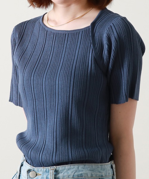 Cheek（チーク）の「デコルテスリット半袖ニット（ニット/セーター・レディース・ベージュ/ネイビー/オフホワイト/グリーン・MEDIUM）」の4枚目の写真