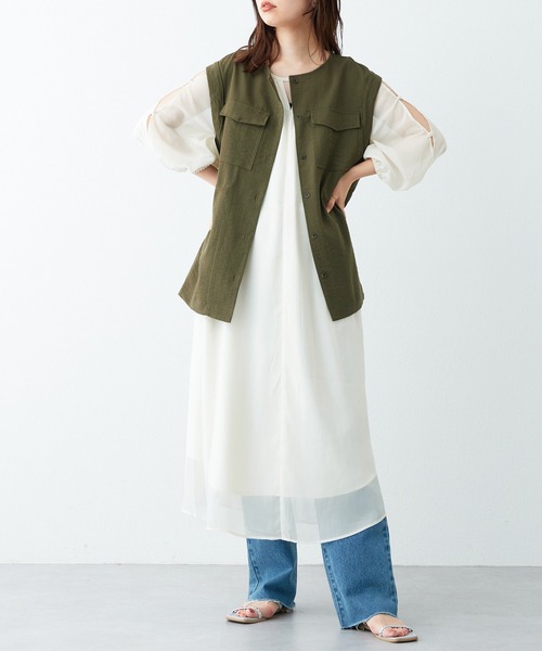 natural couture（ナチュラルクチュール）の「さりげない肌見せが魅力 シアー楊柳スリットデザインワンピース（ワンピース・レディース・オフホワイト/ブラウン/グリーン/ピンク・LARGE/FREE）」の9枚目の写真