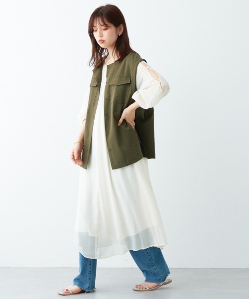 natural couture（ナチュラルクチュール）の「さりげない肌見せが魅力 シアー楊柳スリットデザインワンピース（ワンピース・レディース・オフホワイト/ブラウン/グリーン/ピンク・LARGE/FREE）」の10枚目の写真