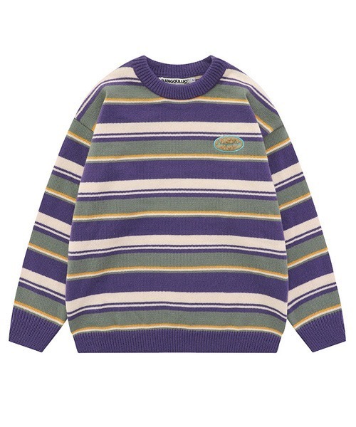 Ressaca（レサーカ）の「ボーダー柄ワンポイントロゴ刺繍 クルーネックニットセーター オーバーサイズ（ニット/セーター・メンズ・ブルー/オフホワイト/パープル/オレンジ/レッド・M/L/XL）」の4枚目の写真