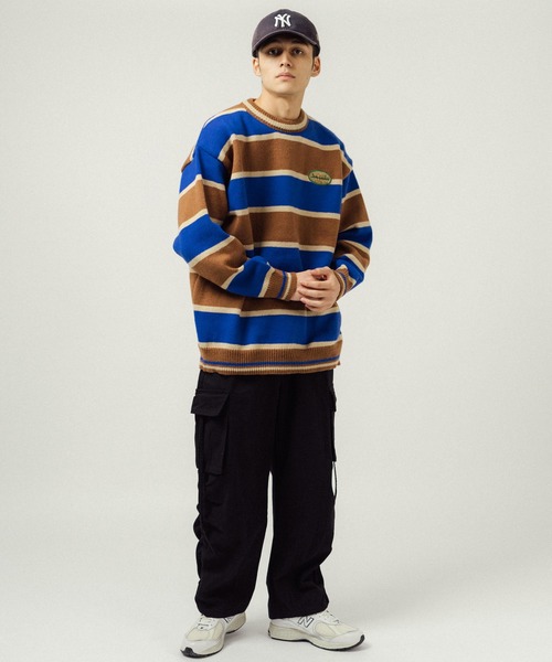 Ressaca（レサーカ）の「ボーダー柄ワンポイントロゴ刺繍 クルーネックニットセーター オーバーサイズ（ニット/セーター・メンズ・ブルー/オフホワイト/パープル/オレンジ/レッド・M/L/XL）」の11枚目の写真