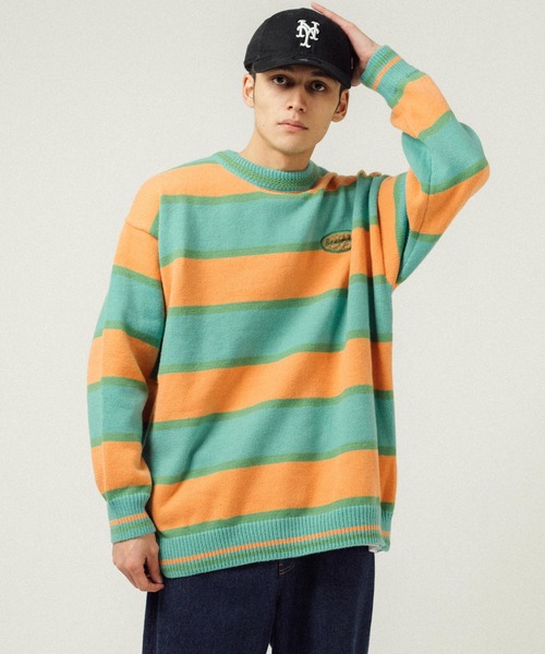 Ressaca（レサーカ）の「ボーダー柄ワンポイントロゴ刺繍 クルーネックニットセーター オーバーサイズ（ニット/セーター・メンズ・ブルー/オフホワイト/パープル/オレンジ/レッド・M/L/XL）」の8枚目の写真