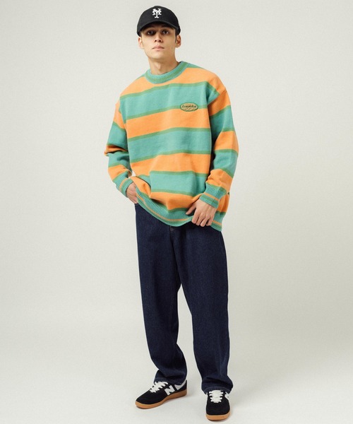 Ressaca（レサーカ）の「ボーダー柄ワンポイントロゴ刺繍 クルーネックニットセーター オーバーサイズ（ニット/セーター・メンズ・ブルー/オフホワイト/パープル/オレンジ/レッド・M/L/XL）」の9枚目の写真