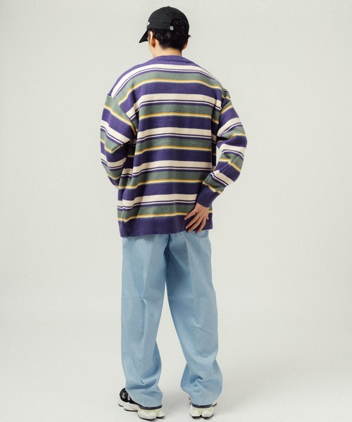 Ressaca（レサーカ）の「ボーダー柄ワンポイントロゴ刺繍 クルーネックニットセーター オーバーサイズ（ニット/セーター・メンズ・ブルー/オフホワイト/パープル/オレンジ/レッド・M/L/XL）」の7枚目の写真
