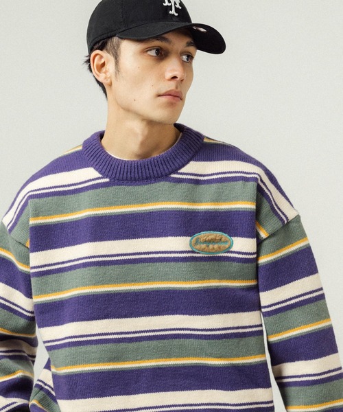 Ressaca（レサーカ）の「ボーダー柄ワンポイントロゴ刺繍 クルーネックニットセーター オーバーサイズ（ニット/セーター・メンズ・ブルー/オフホワイト/パープル/オレンジ/レッド・M/L/XL）」の14枚目の写真