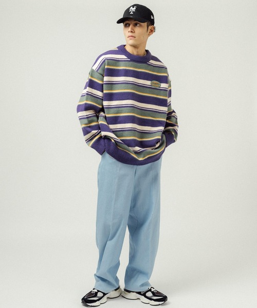 Ressaca（レサーカ）の「ボーダー柄ワンポイントロゴ刺繍 クルーネックニットセーター オーバーサイズ（ニット/セーター・メンズ・ブルー/オフホワイト/パープル/オレンジ/レッド・M/L/XL）」の6枚目の写真