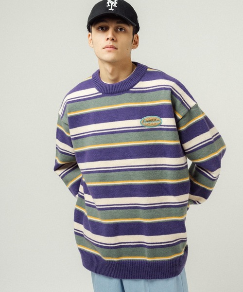 Ressaca（レサーカ）の「ボーダー柄ワンポイントロゴ刺繍 クルーネックニットセーター オーバーサイズ（ニット/セーター・メンズ・ブルー/オフホワイト/パープル/オレンジ/レッド・M/L/XL）」の13枚目の写真