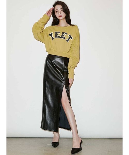 GYDA（ジェイダ）の「ディープスリット フェイクレザーロングスカート（スカート・レディース・ブラック/ベージュ・FREE）」の10枚目の写真