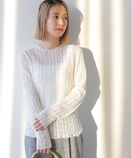 Ray BEAMS(レイビームス)の「Ray BEAMS / ストライプ レース クルーネック トップス(Tシャツ/カットソー・レディース・ブラック/ホワイト・ONE SIZE)」の4枚目の写真