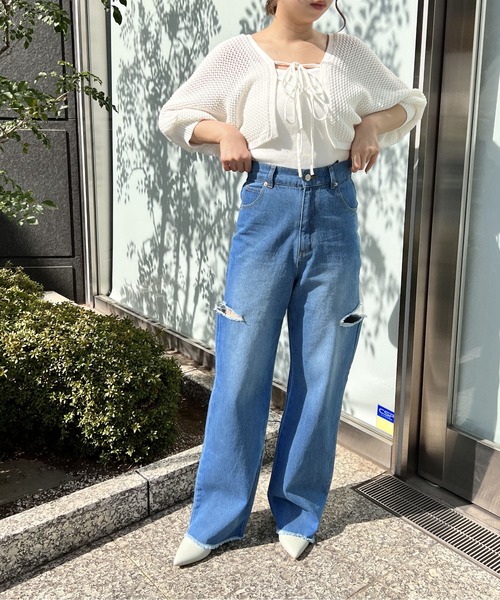 one way（ワンウェイ）の「サイドブロークンストレートデニム（丈長め）（デニムパンツ・レディース・ライトブルー/ホワイト/ダークブルー/ブルー系その他・S/M）」の5枚目の写真