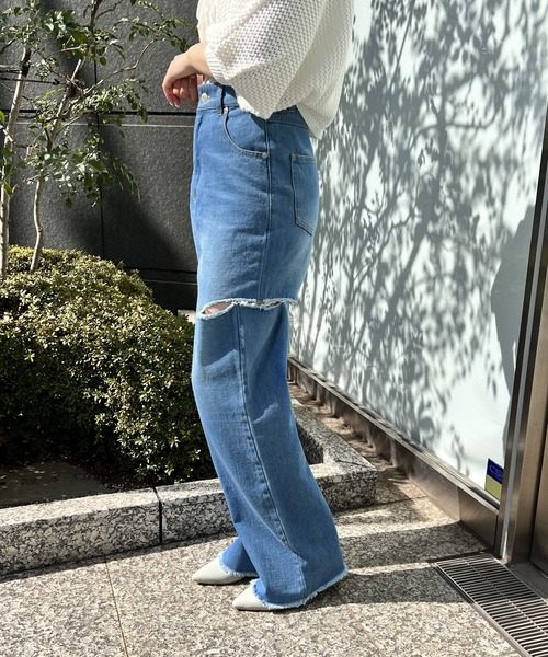 one way（ワンウェイ）の「サイドブロークンストレートデニム（丈長め）（デニムパンツ・レディース・ライトブルー/ホワイト/ダークブルー/ブルー系その他・S/M）」の14枚目の写真
