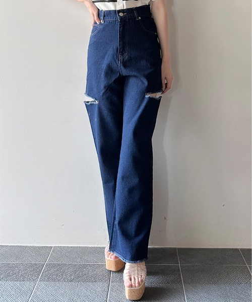 one way（ワンウェイ）の「サイドブロークンストレートデニム（丈長め）（デニムパンツ・レディース・ライトブルー/ホワイト/ダークブルー/ブルー系その他・S/M）」の7枚目の写真