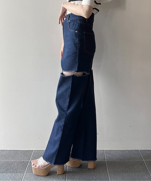 one way（ワンウェイ）の「サイドブロークンストレートデニム（丈長め）（デニムパンツ・レディース・ライトブルー/ホワイト/ダークブルー/ブルー系その他・S/M）」の13枚目の写真