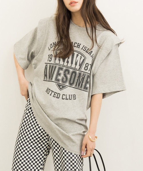 DAY CLOSET(デイ クローゼット)の「レディース チュニック風レイヤードロゴTシャツ(Tシャツ/カットソー・レディース・ブラック/グレー・L/S/M)」の1枚目の写真