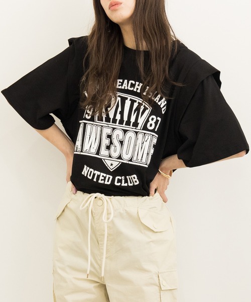 DAY CLOSET(デイ クローゼット)の「レディース チュニック風レイヤードロゴTシャツ(Tシャツ/カットソー・レディース・ブラック/グレー・L/S/M)」の2枚目の写真
