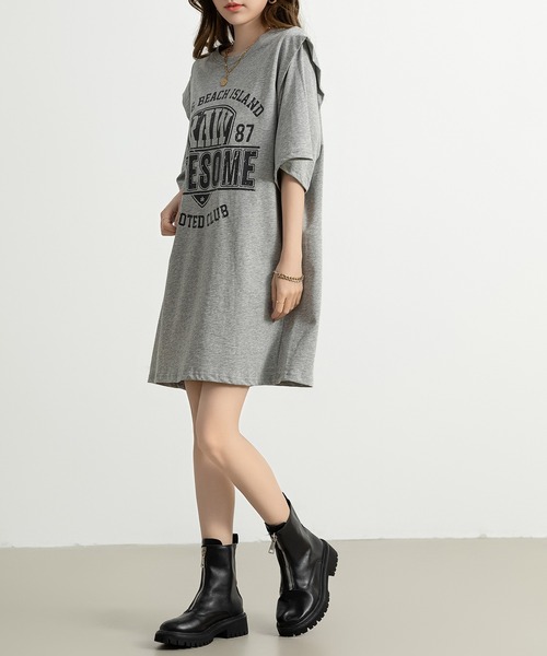 DAY CLOSET(デイ クローゼット)の「レディース チュニック風レイヤードロゴTシャツ(Tシャツ/カットソー・レディース・ブラック/グレー・L/S/M)」の6枚目の写真