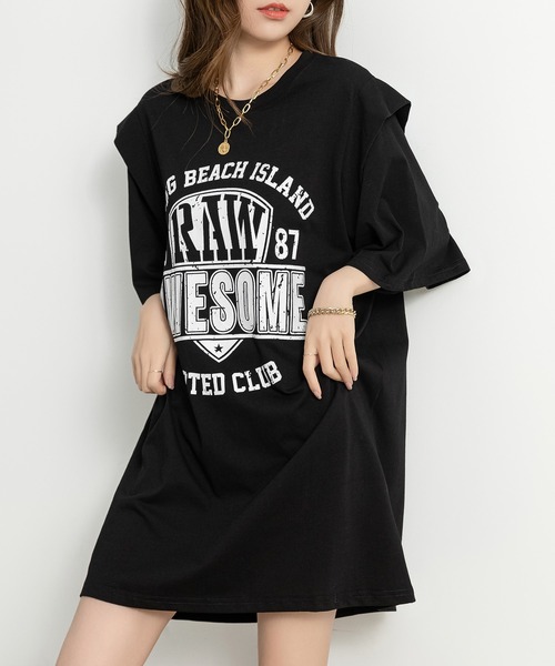 DAY CLOSET(デイ クローゼット)の「レディース チュニック風レイヤードロゴTシャツ(Tシャツ/カットソー・レディース・ブラック/グレー・L/S/M)」の4枚目の写真