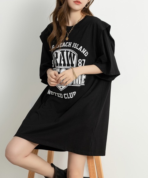 DAY CLOSET(デイ クローゼット)の「レディース チュニック風レイヤードロゴTシャツ(Tシャツ/カットソー・レディース・ブラック/グレー・L/S/M)」の11枚目の写真