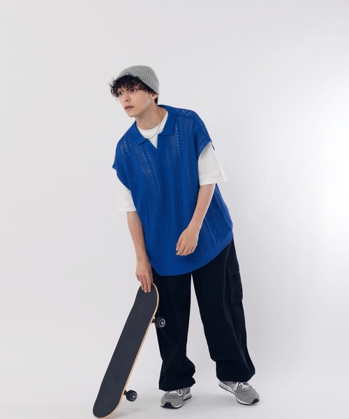 MUHET（ミュエータ）の「スキッパー透かし編みニットベスト（ベスト・レディース・マスタード/ブラック/ブルー・MEDIUM/X-LARGE）」の7枚目の写真