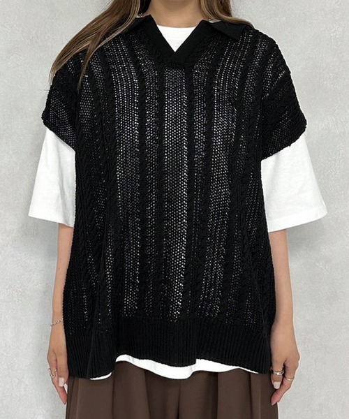 MUHET（ミュエータ）の「スキッパー透かし編みニットベスト（ベスト・レディース・マスタード/ブラック/ブルー・MEDIUM/X-LARGE）」の9枚目の写真