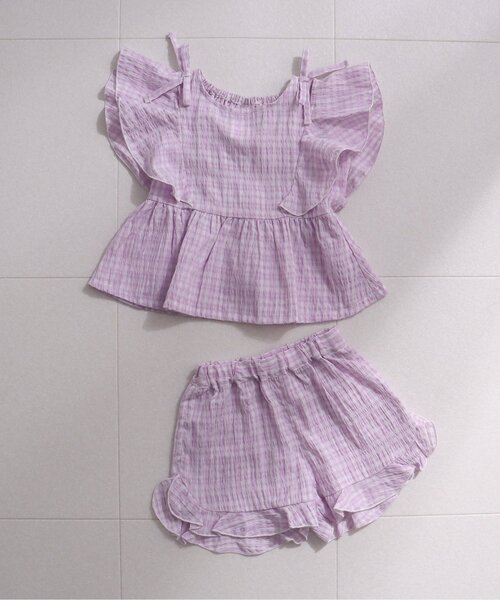 apres les cours（アプレレクール）の「【WEB限定】マルチストライプ・チェック柄セットアップ（セットアップ・キッズ・ラベンダー/イエロー・80/90/100/110/120/130/140）」の2枚目の写真