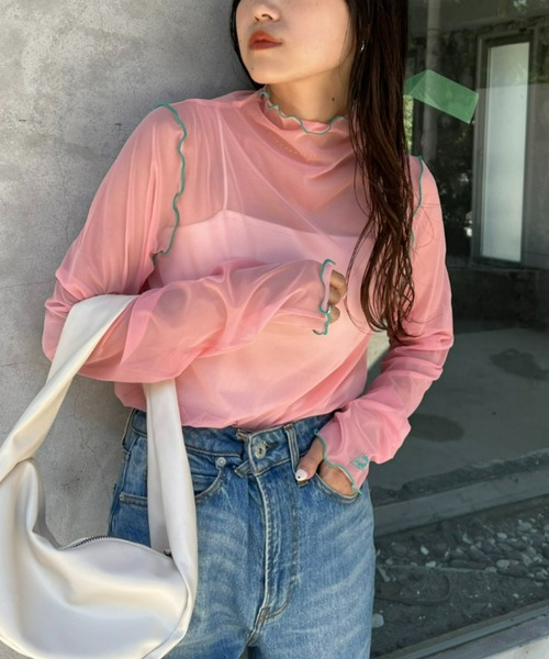 HELLO.SANFRANCISCO（ハローサンフランシスコ）の「【HELLO.SANFRANCISCO/ハローサンフランシスコ】配色メローシアーネットタートル（Tシャツ/カットソー・レディース・オフホワイト/サックスブルー/グリーン/ピンク・ONE SIZE）」の4枚目の写真