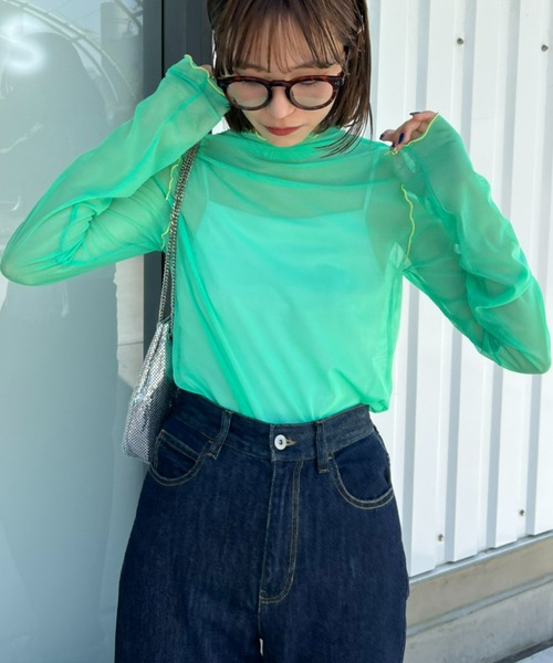 HELLO.SANFRANCISCO（ハローサンフランシスコ）の「【HELLO.SANFRANCISCO/ハローサンフランシスコ】配色メローシアーネットタートル（Tシャツ/カットソー・レディース・オフホワイト/サックスブルー/グリーン/ピンク・ONE SIZE）」の15枚目の写真