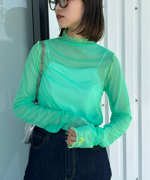 HELLO.SANFRANCISCO（ハローサンフランシスコ）の「【HELLO.SANFRANCISCO/ハローサンフランシスコ】配色メローシアーネットタートル（Tシャツ/カットソー・レディース・オフホワイト/サックスブルー/グリーン/ピンク・ONE SIZE）」の14枚目の写真